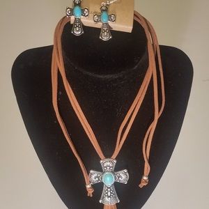 Faux Suede Necklace w/Silver toned Cross